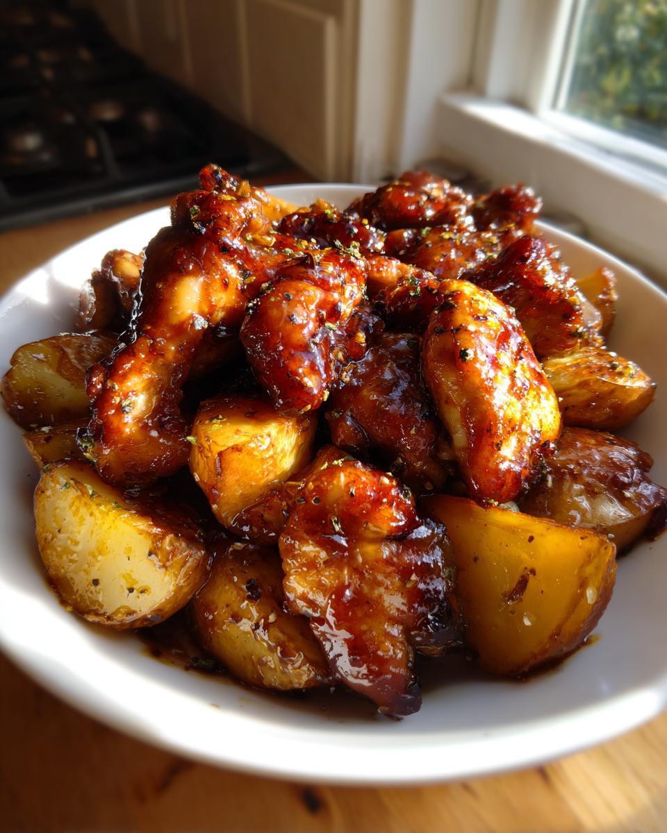 Close-up of glistening, glazed chicken pieces mixed with roasted potatoes, ready to serve from a white bowl.