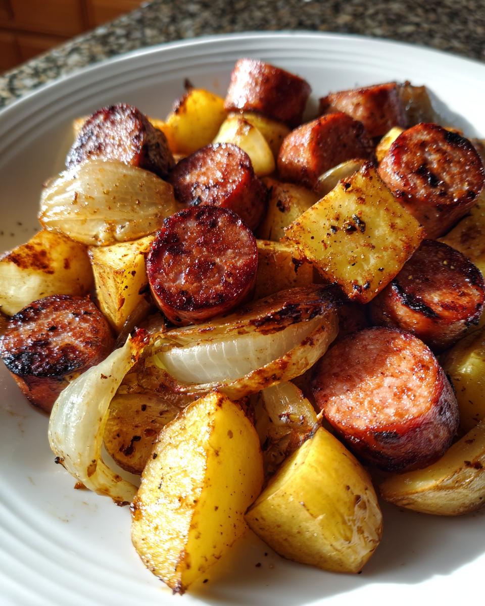 A close-up view of roasted One Pan Kielbasa And Potatoes mixed with caramelized onions on a white plate.