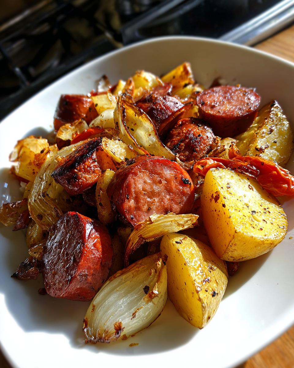 Close-up of roasted One Pan Kielbasa And Potatoes with caramelized onions served in a white bowl.