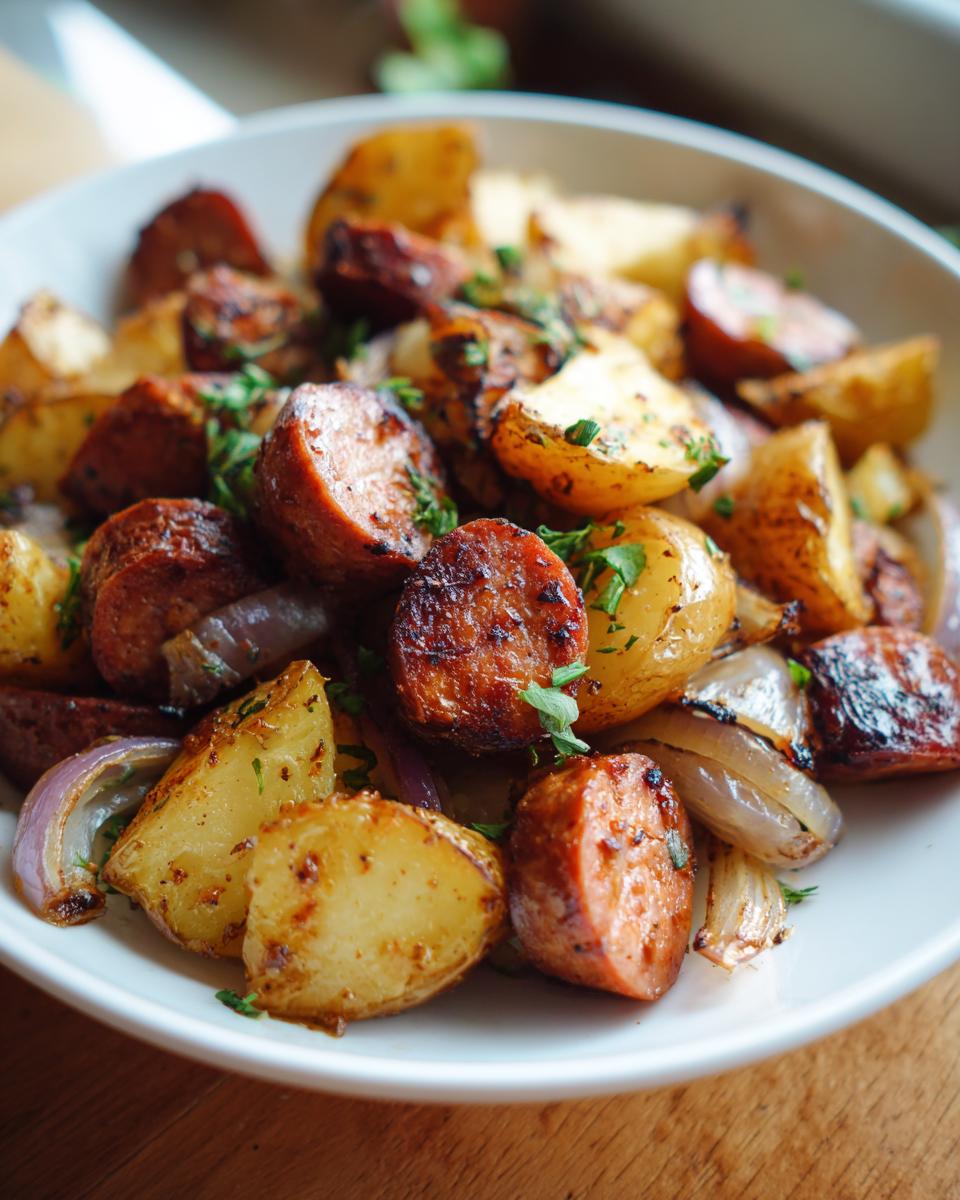 Close-up of roasted One Pan Kielbasa And Potatoes mixed with caramelized red onions and fresh parsley.