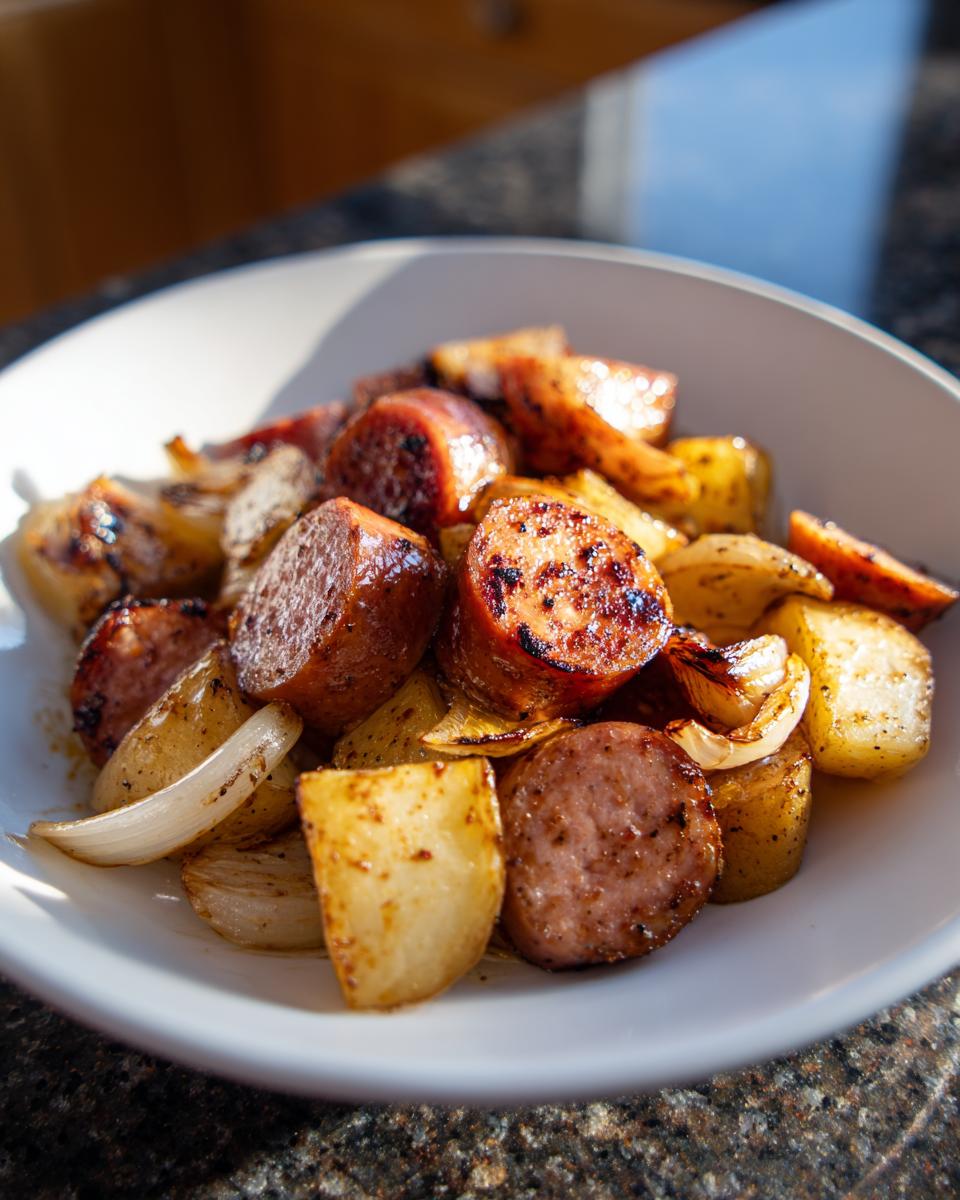 A close-up of sliced, browned kielbasa sausage mixed with roasted potatoes and onions in a white bowl, featuring One Pan Kielbasa And Potatoes.