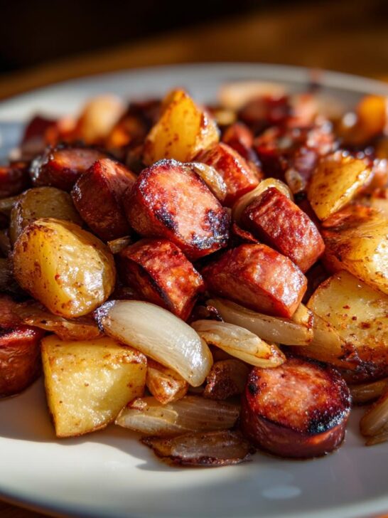 Close-up of browned, sliced kielbasa sausage mixed with roasted potatoes and onions, the One Pan Kielbasa And Potatoes.