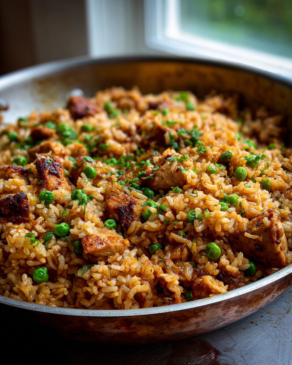 Close-up of One Pan Spanish Chicken and Rice with peas and parsley in a skillet.