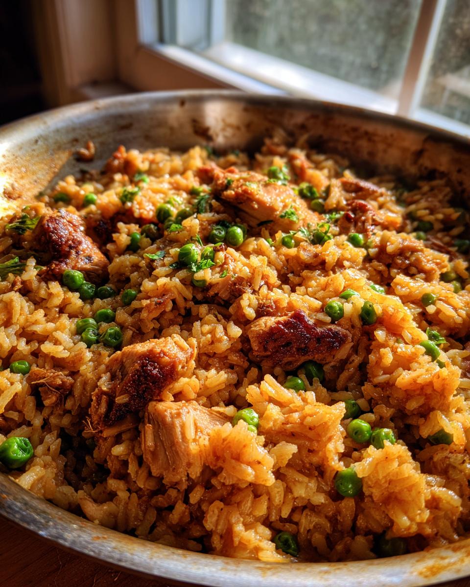 Close-up of flavorful One Pan Spanish Chicken and Rice with peas in a metal skillet.