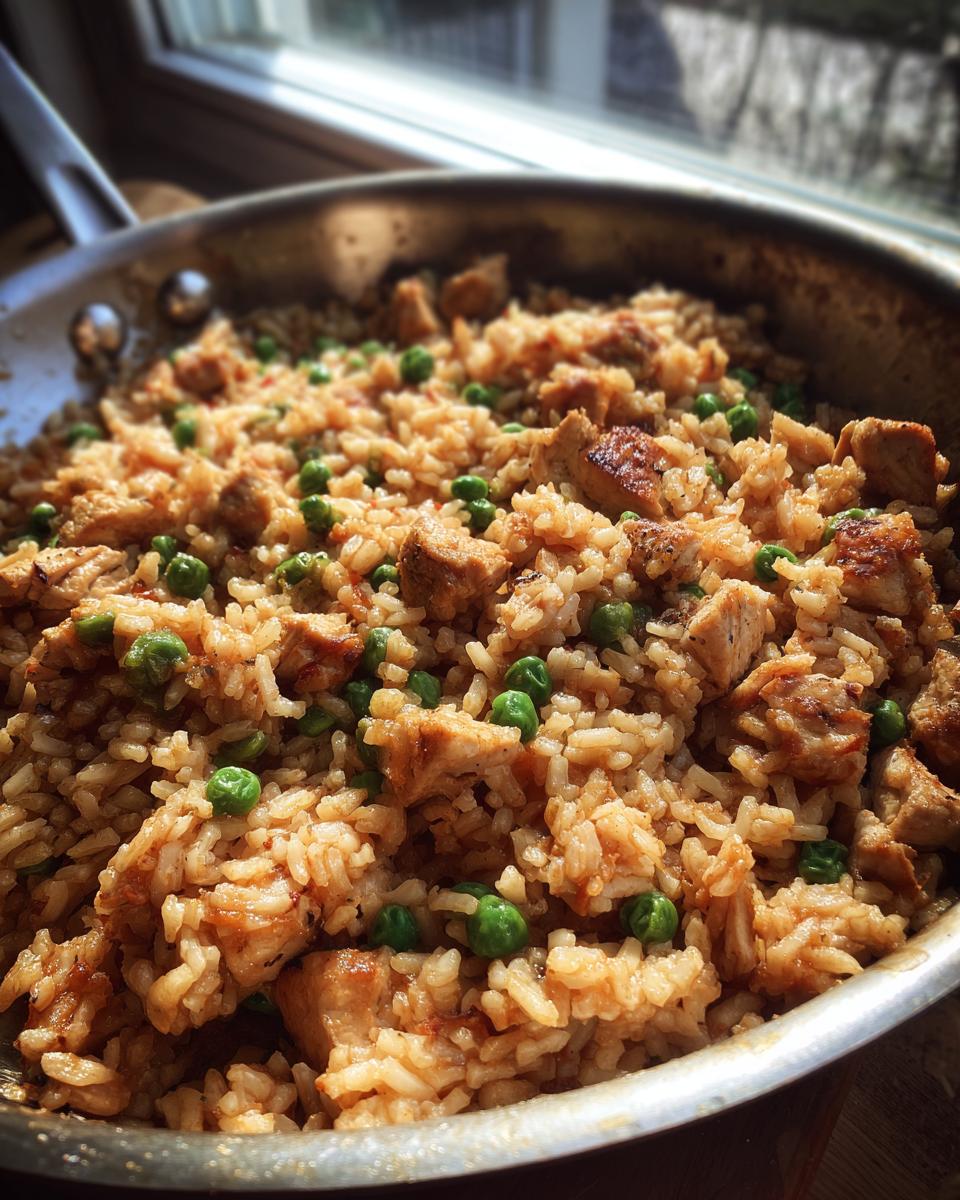 Close-up of One Pan Spanish Chicken and Rice cooked in a stainless steel skillet.