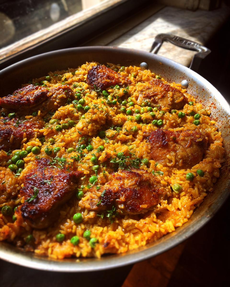 Close-up of One Pan Spanish Chicken and Rice cooked in a metal skillet, topped with peas and herbs.