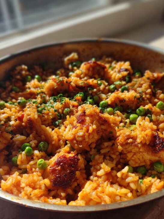 Close-up of One Pan Spanish Chicken and Rice with bright green peas, garnished with parsley in a metal skillet.