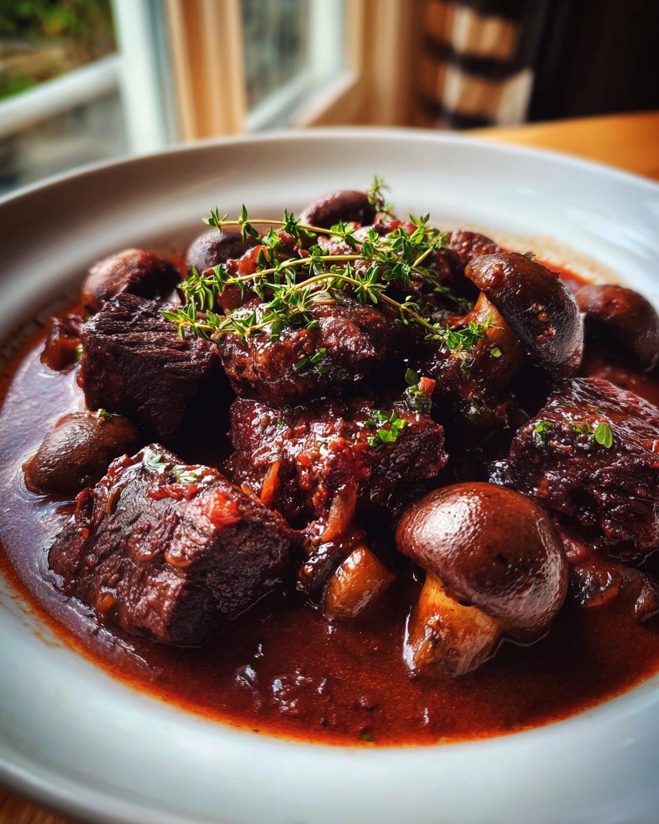 Close-up of tender chunks of One Pot Beef Bourguignon stewed in rich red wine sauce with whole mushrooms.