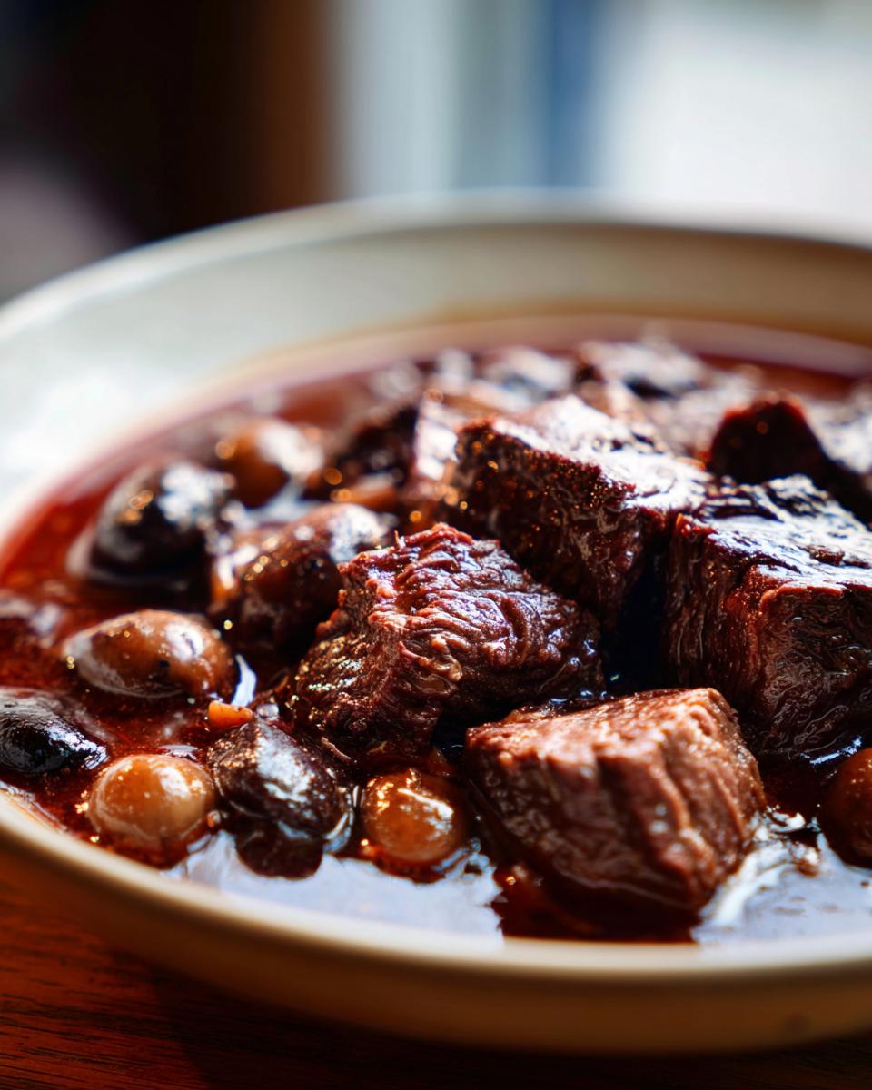 Close-up of tender chunks of beef in a rich, dark sauce with pearl onions for One Pot Beef Bourguignon.