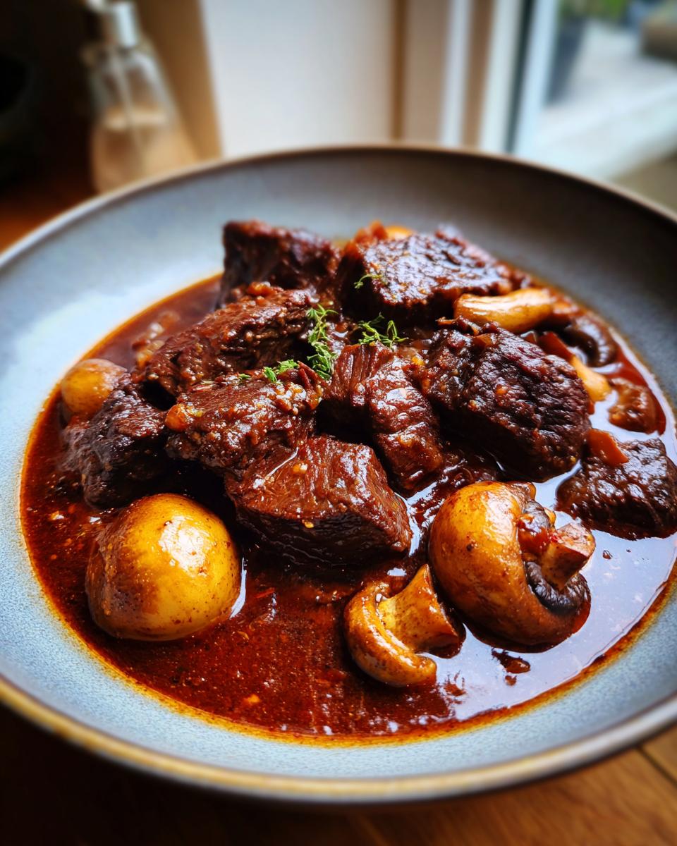 Close-up of tender chunks of beef and mushrooms in a rich, dark sauce, ready to eat One Pot Beef Bourguignon.