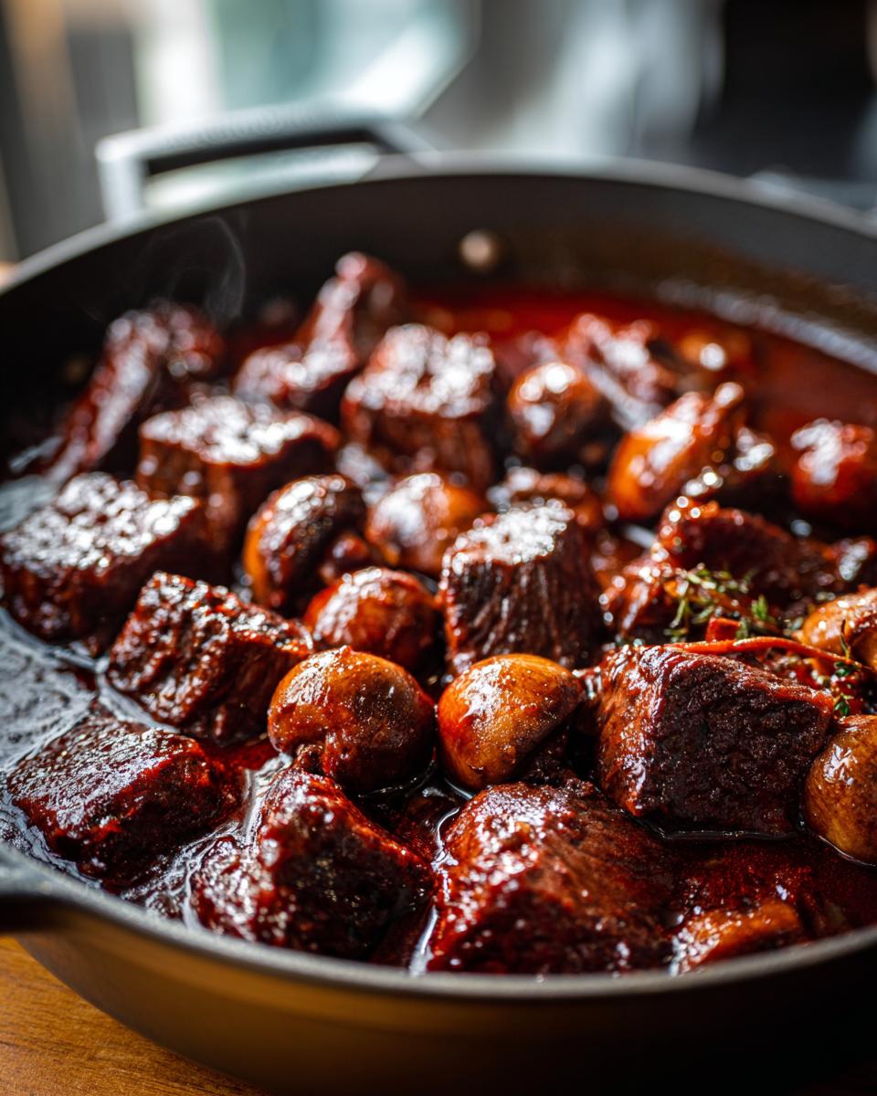 Close-up of tender beef chunks and whole mushrooms simmering in a rich, dark sauce for One Pot Beef Bourguignon.