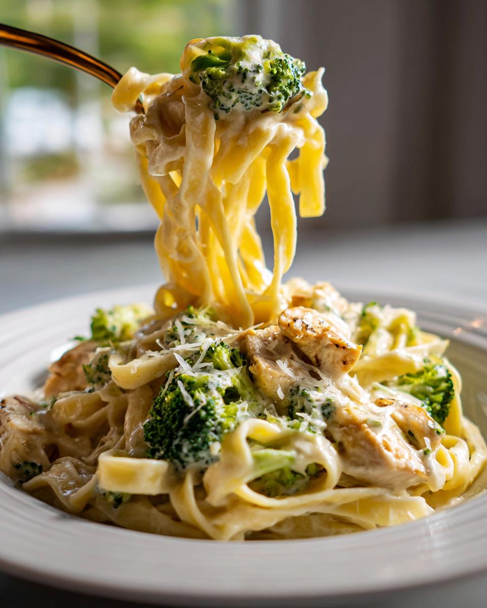 A fork lifting creamy fettuccine noodles, chicken, and broccoli from a bowl of One Pot Chicken Broccoli Alfredo.