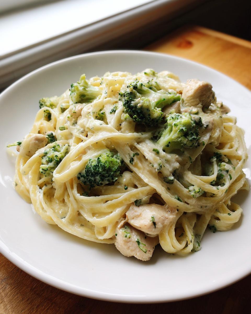 A close-up of a white plate filled with creamy One Pot Chicken Broccoli Alfredo pasta, featuring fettuccine, chunks of chicken, and bright green broccoli florets.