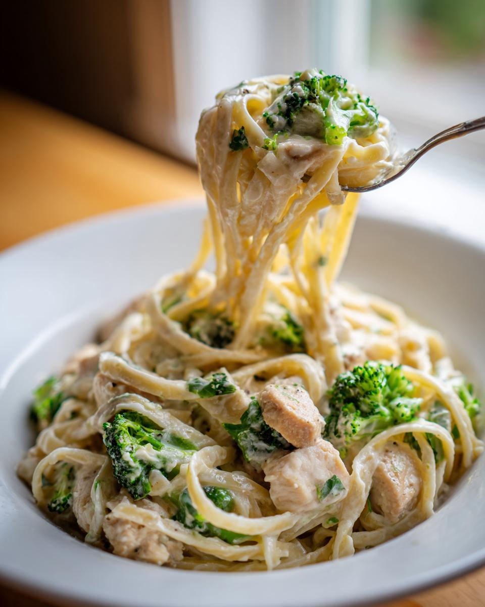 A fork lifting creamy fettuccine noodles, chicken, and broccoli from a bowl of One Pot Chicken Broccoli Alfredo.