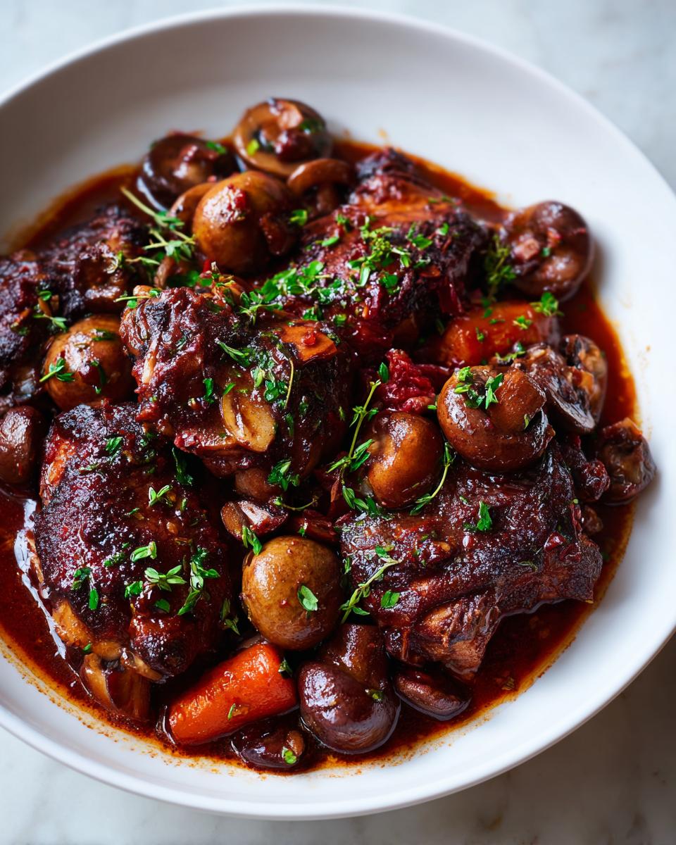 Close-up of rich, dark One Pot Coq Au Vin featuring chicken pieces, mushrooms, and carrots, garnished with fresh thyme.