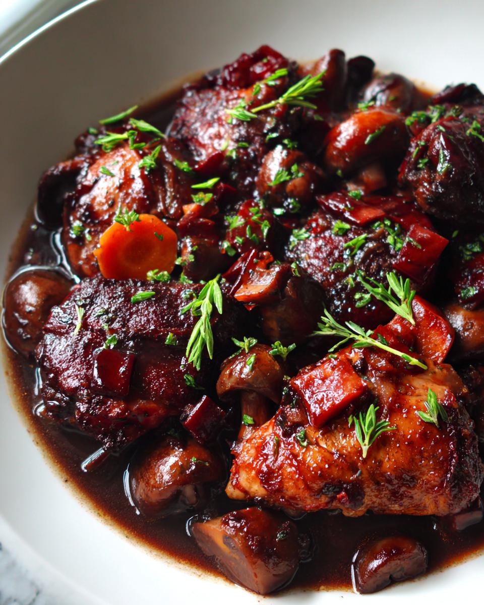 Close-up of rich, dark One Pot Coq Au Vin featuring chicken pieces, mushrooms, and carrots in a wine sauce.