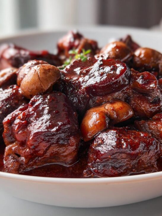 Close-up of tender chicken pieces and mushrooms simmering in a rich, dark red sauce for One Pot Coq Au Vin.