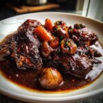 Close-up of tender chicken pieces and mushrooms in a rich, dark sauce from the One Pot Coq Au Vin.