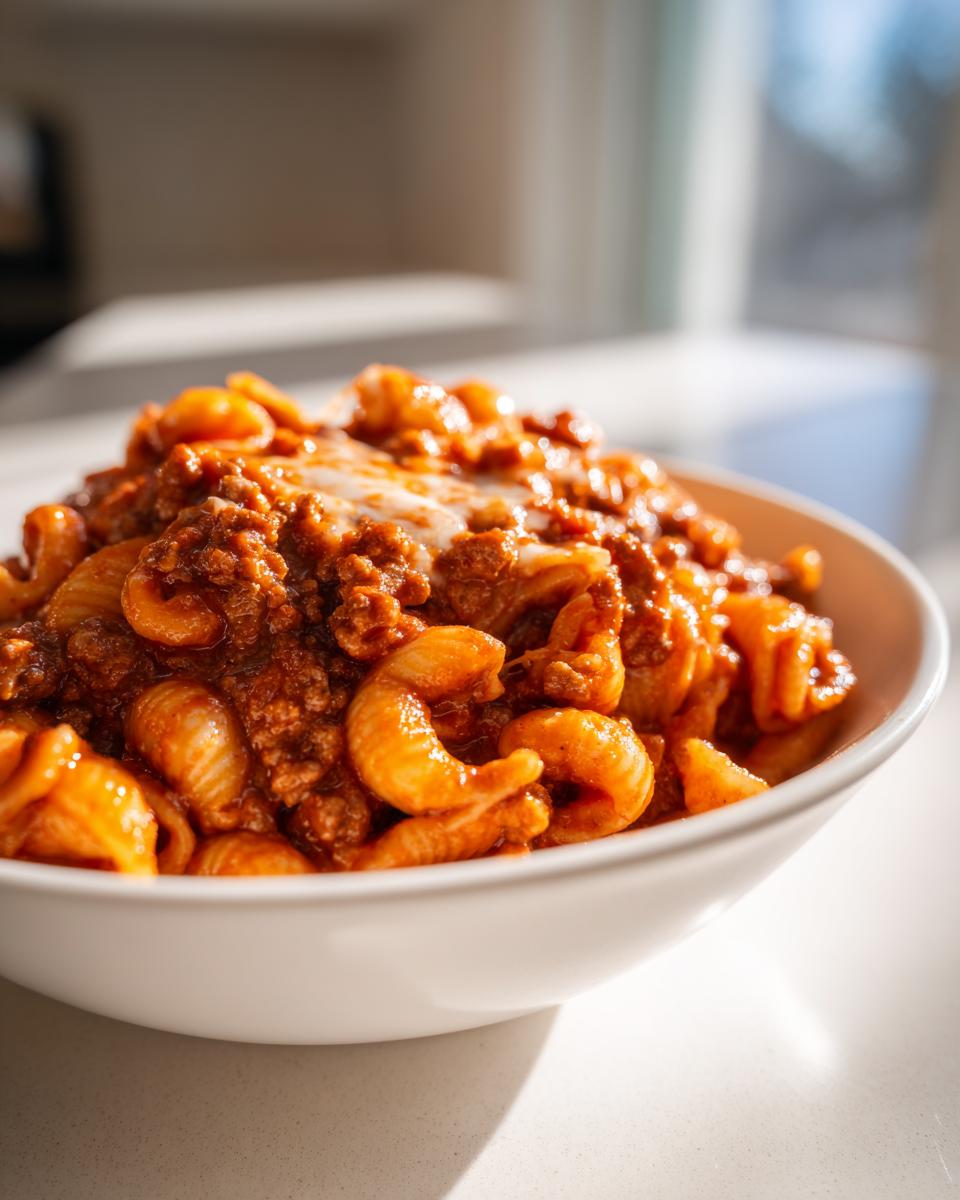 Close-up of a white bowl filled with One Pot Creamy Beef And Shells, topped with melted cheese.