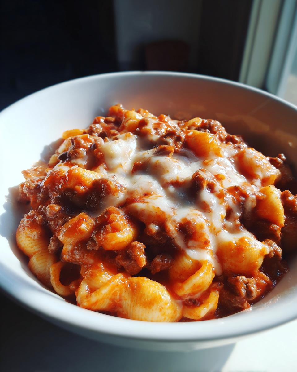 A close-up of a white bowl filled with One Pot Creamy Beef And Shells topped with melted white cheese.