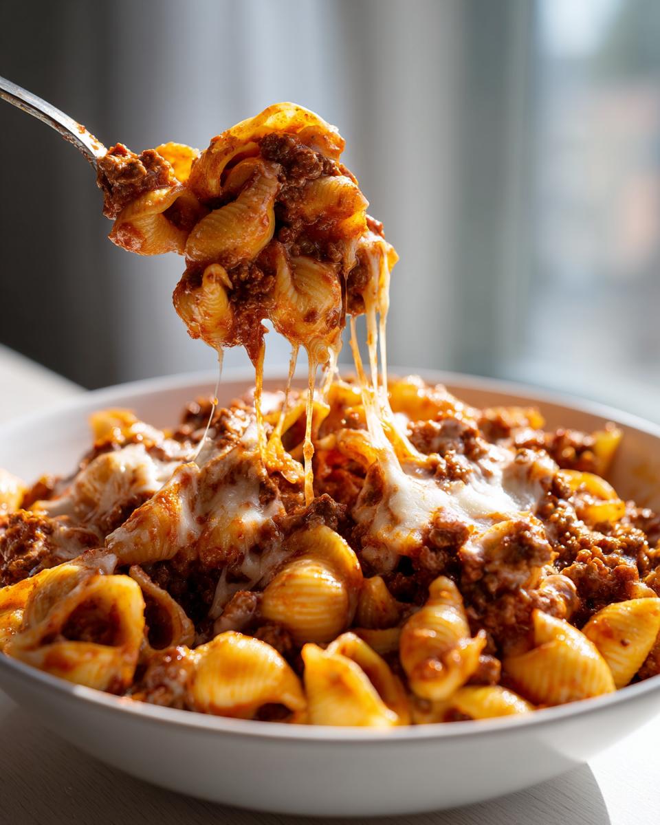 A fork lifts a cheesy portion of One Pot Creamy Beef And Shells, showing melted cheese strings stretching back into the bowl.