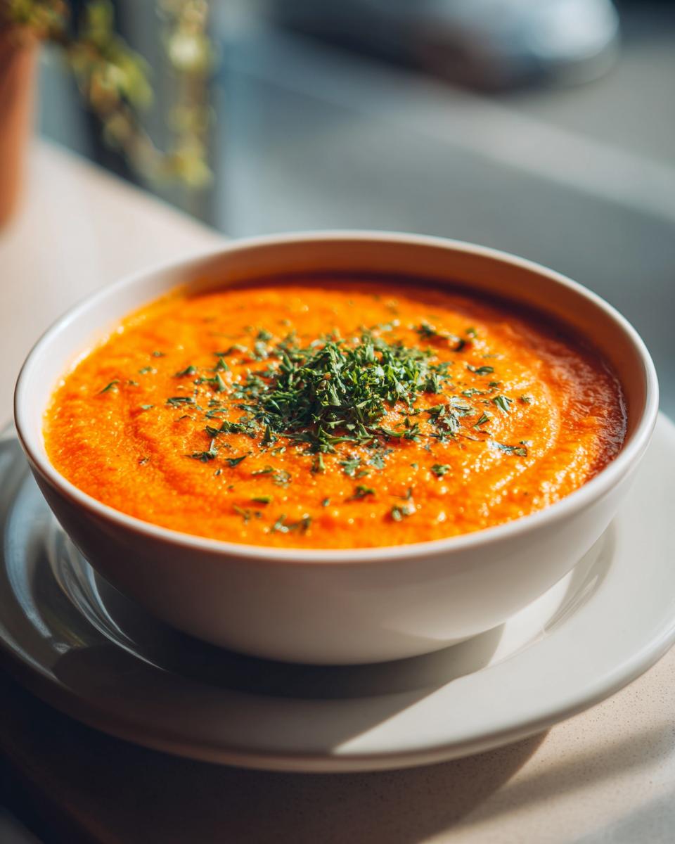 A close-up of One Pot Creamy Carrot Lentil Soup, bright orange and topped with fresh green herbs.