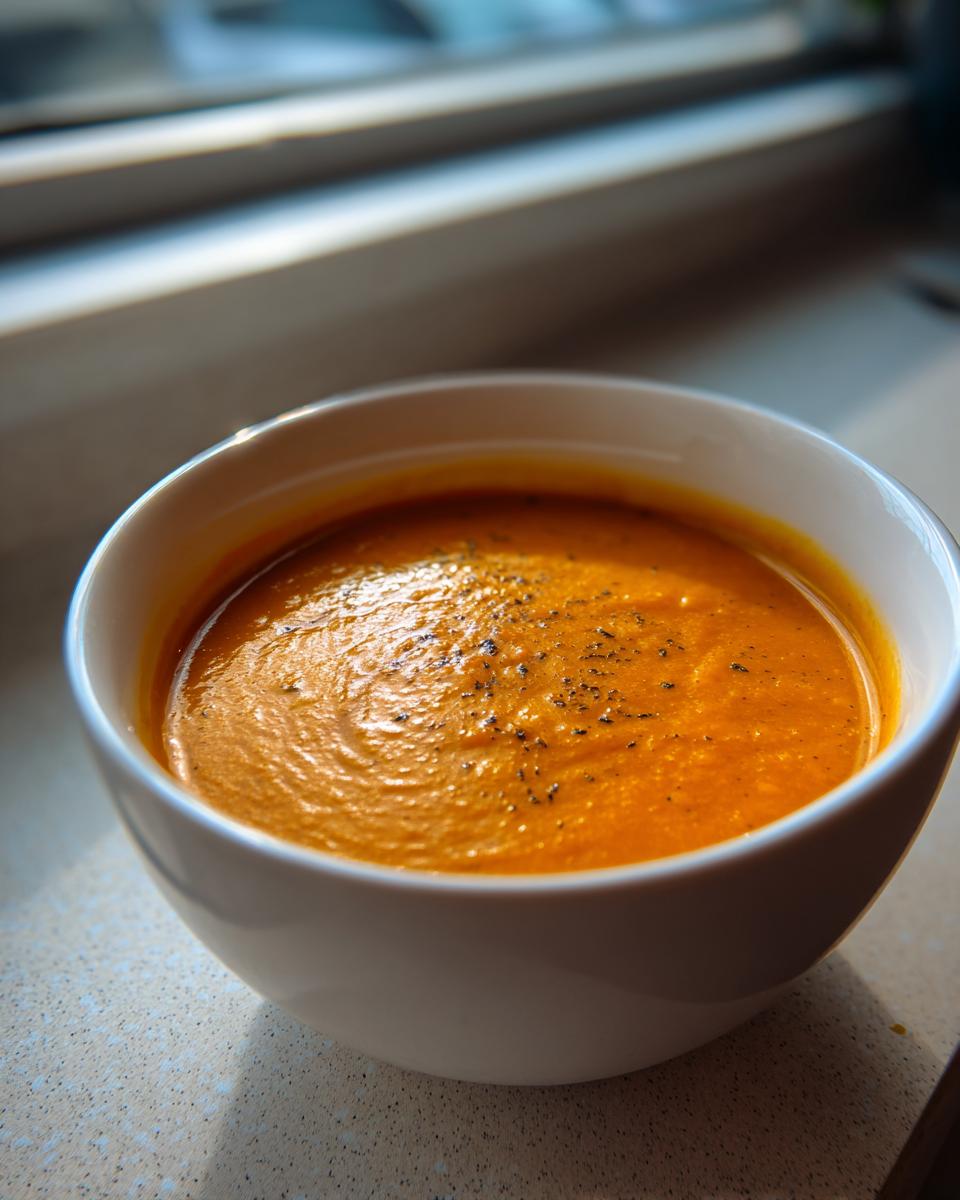 Close-up of a white bowl filled with vibrant orange One Pot Creamy Carrot Lentil Soup, topped with cracked black pepper.