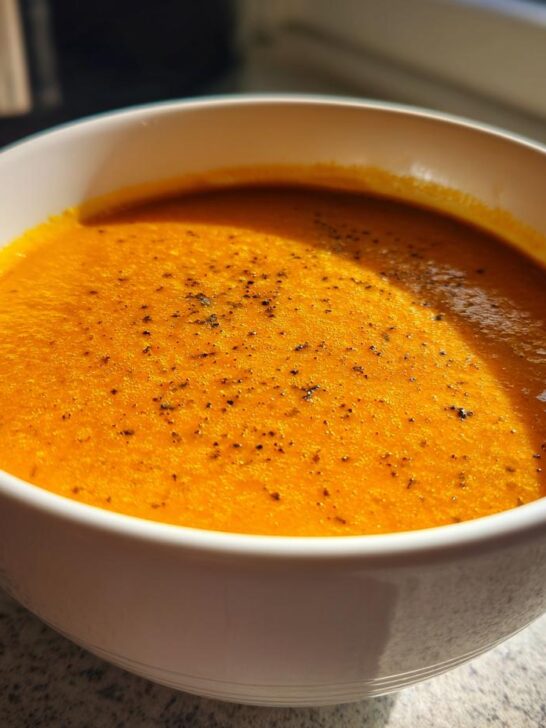 A close-up of a white bowl filled with vibrant orange One Pot Creamy Carrot Lentil Soup, topped with cracked black pepper.