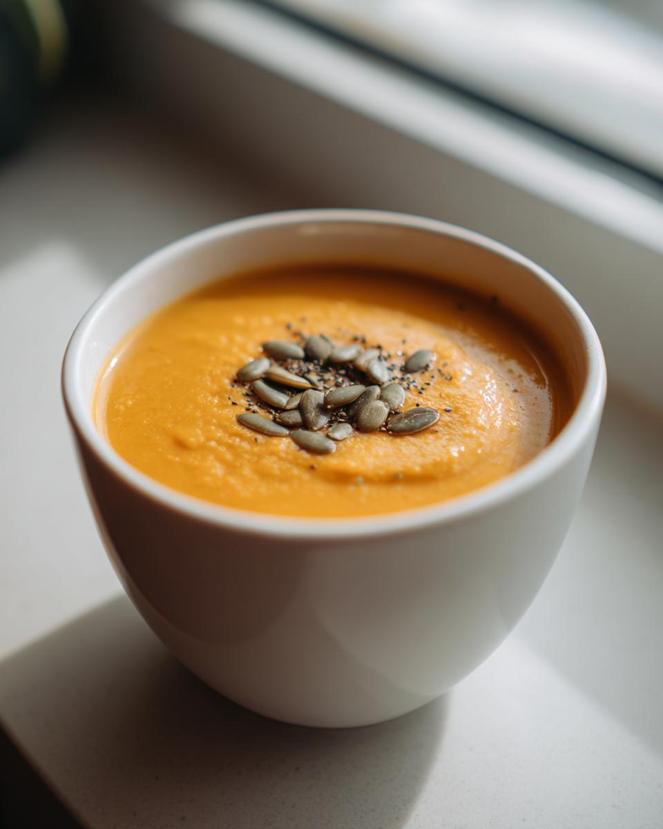 A close-up of a bowl of bright orange One Pot Creamy Carrot Lentil Soup topped with pumpkin seeds.