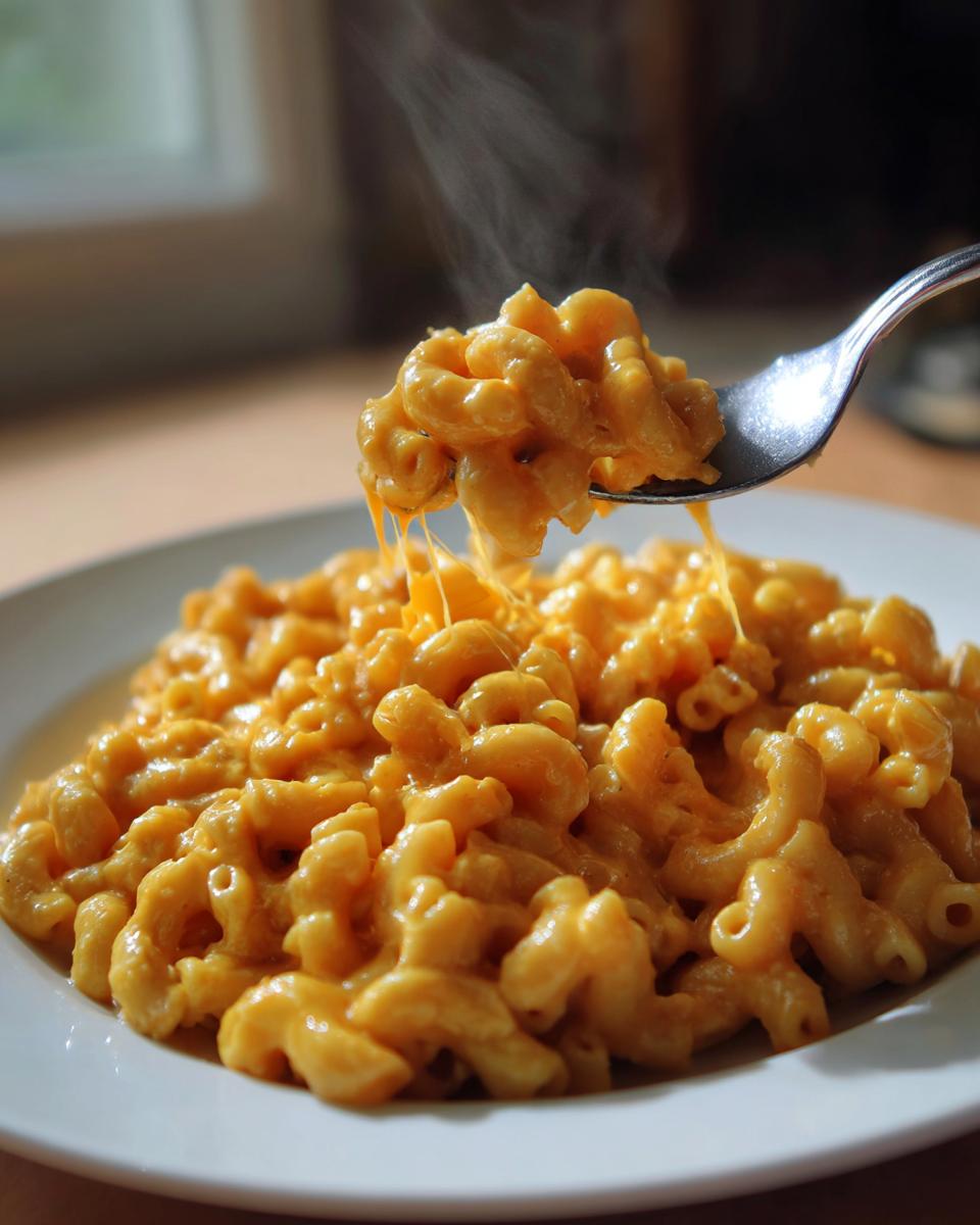 Close-up of a white bowl filled with steaming hot One Pot Pumpkin Mac And Cheese, showing creamy orange sauce coating elbow macaroni.