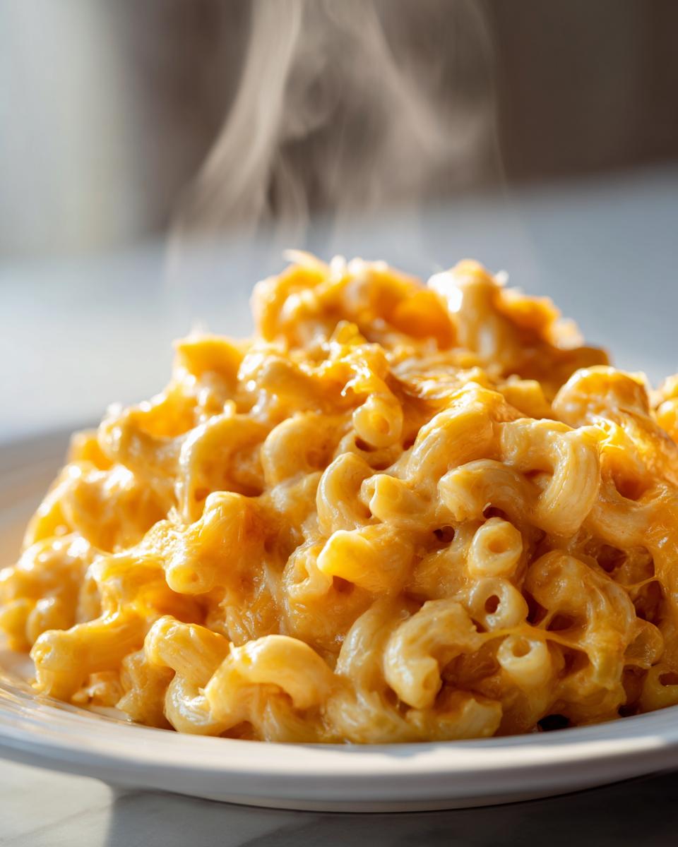 Close-up of steaming, creamy One Pot Pumpkin Mac And Cheese served on a white plate.
