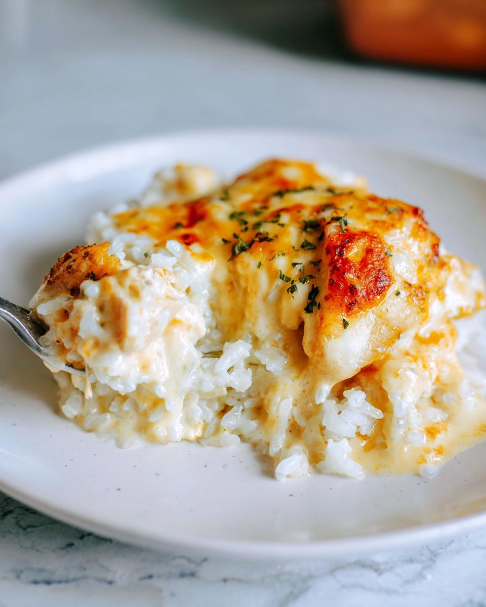 A spoonful of creamy One Pot Queso Chicken And Rice topped with bubbly, melted, golden-brown cheese and parsley.