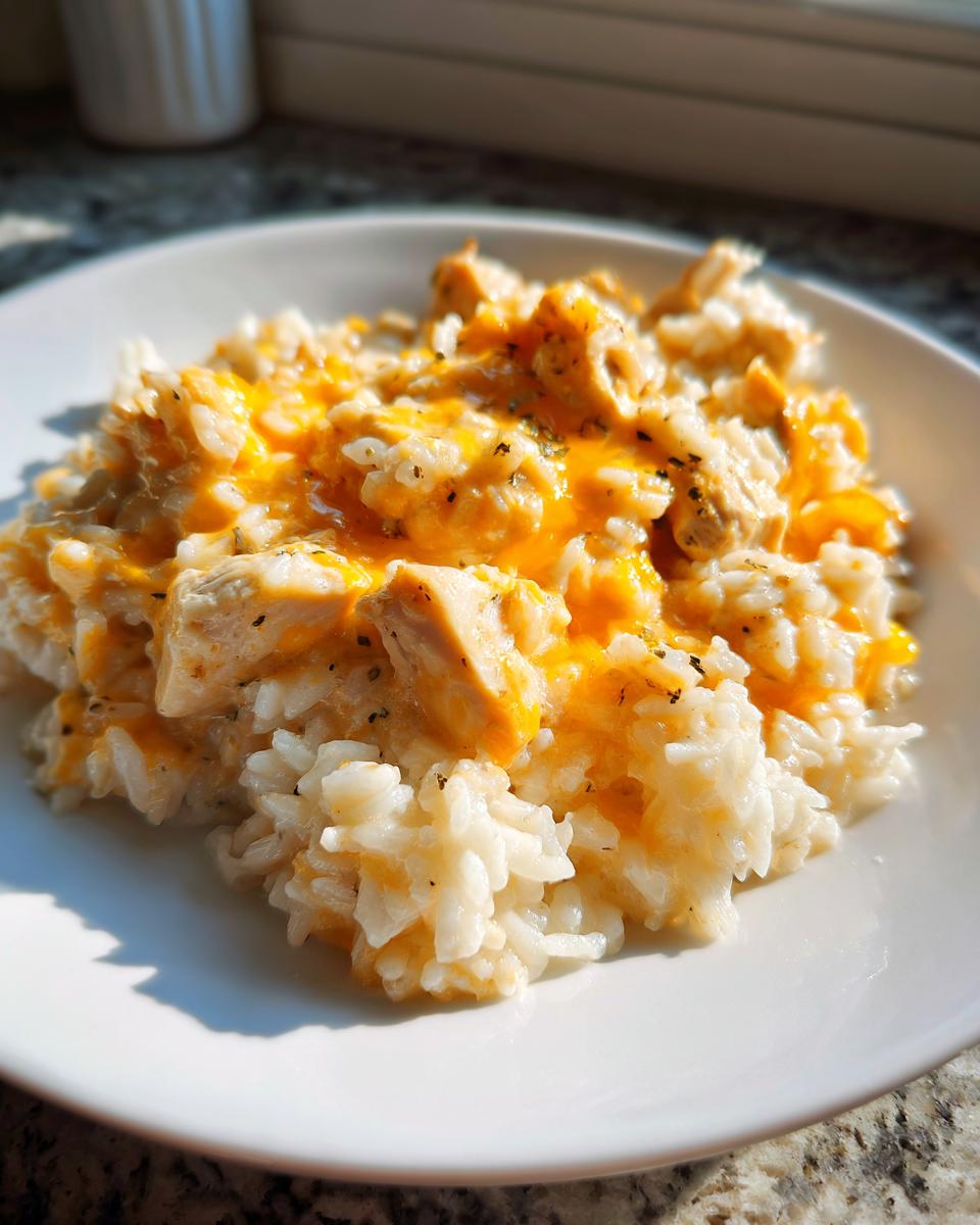 A white plate holding a serving of creamy One Pot Queso Chicken And Rice topped with melted orange cheese.