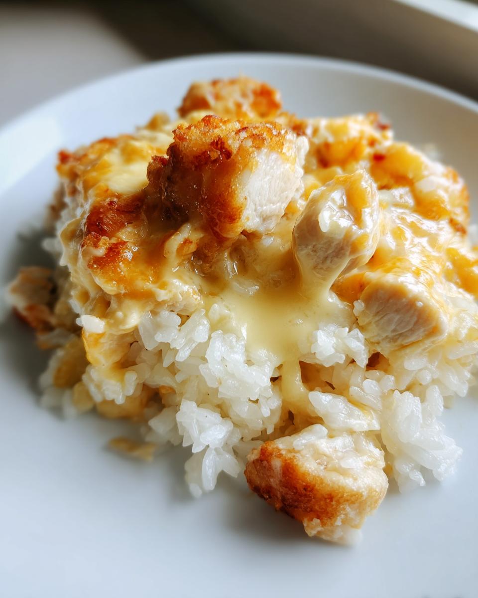 A close-up serving of One Pot Queso Chicken And Rice featuring white rice topped with cheesy sauce and browned chicken pieces.
