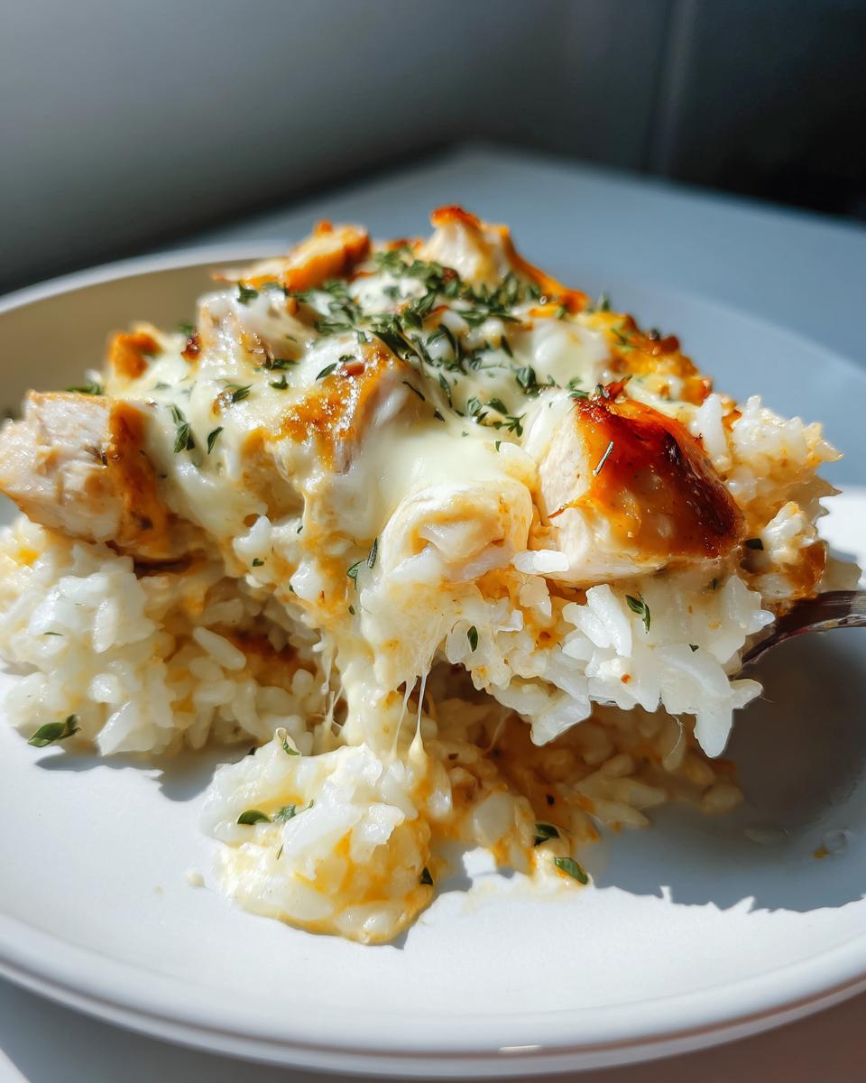 A serving of One Pot Queso Chicken And Rice showing melted cheese stretching as it's lifted by a fork.