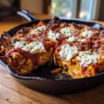 Close-up of baked One Pot Skillet Lasagna topped with ricotta cheese and marinara sauce in a black skillet.