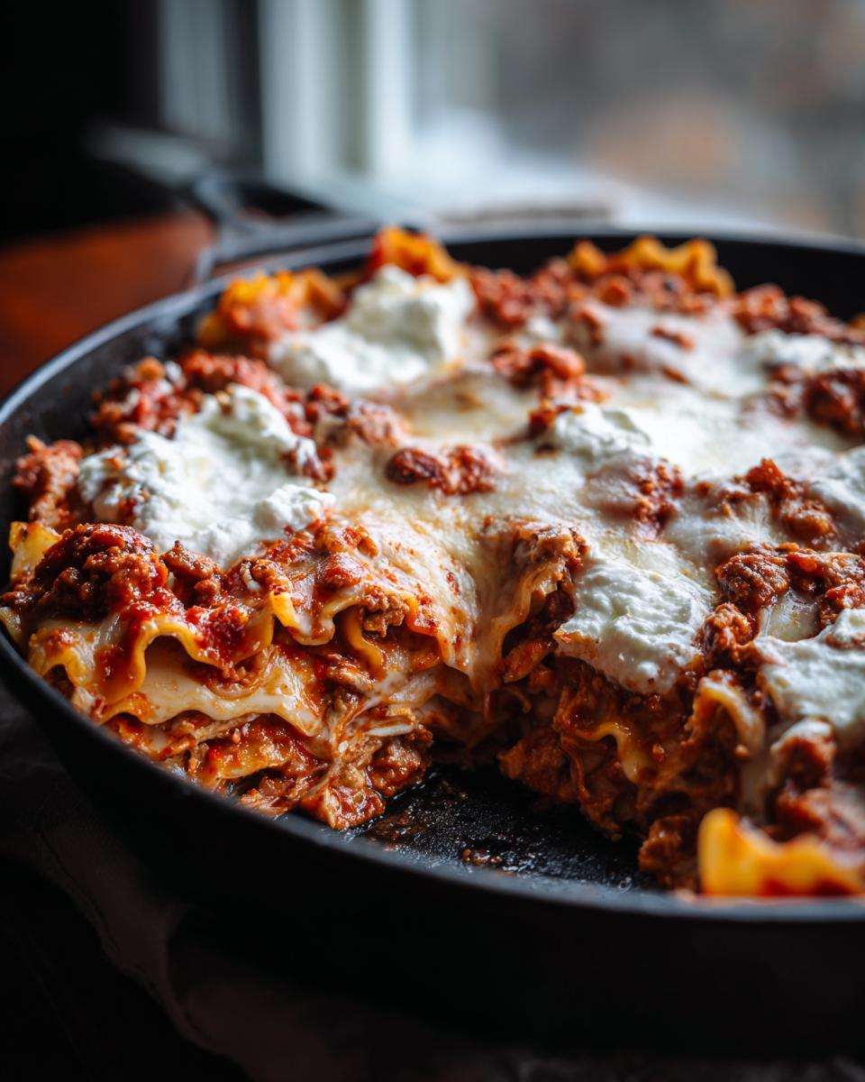 A close-up of a freshly baked One Pot Skillet Lasagna in a black cast iron pan with a serving removed.