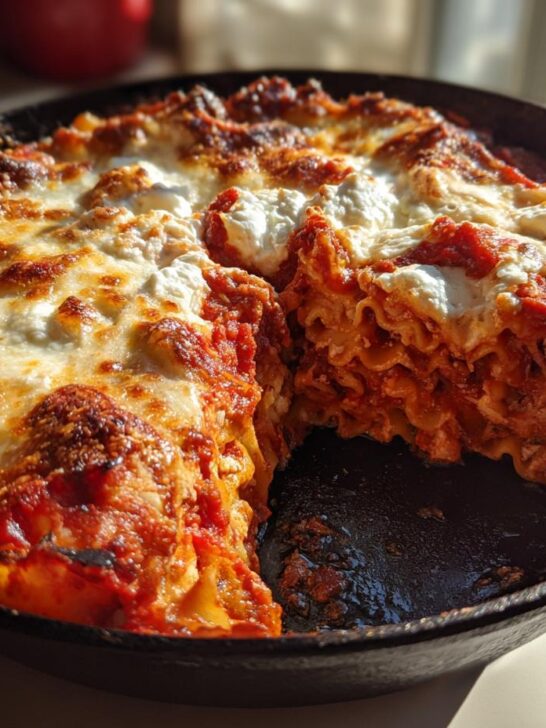 A section removed from a baked One Pot Skillet Lasagna in a cast iron pan, showing layers of pasta and sauce.