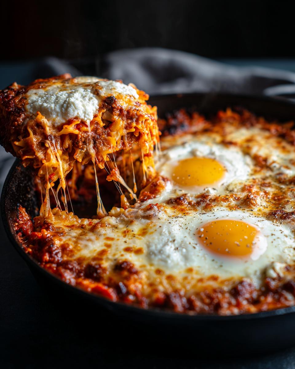 Serving a cheesy portion of One Pot Skillet Lasagna topped with baked eggs in a cast iron pan.