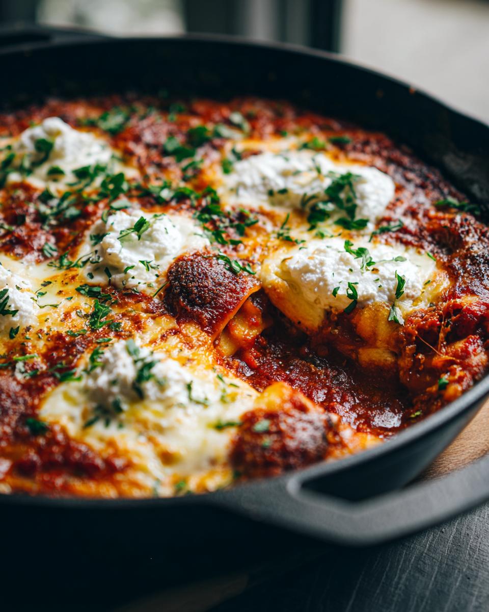 A close-up view of bubbling, baked One Pot Skillet Lasagna topped with dollops of ricotta cheese and fresh parsley in a black skillet.