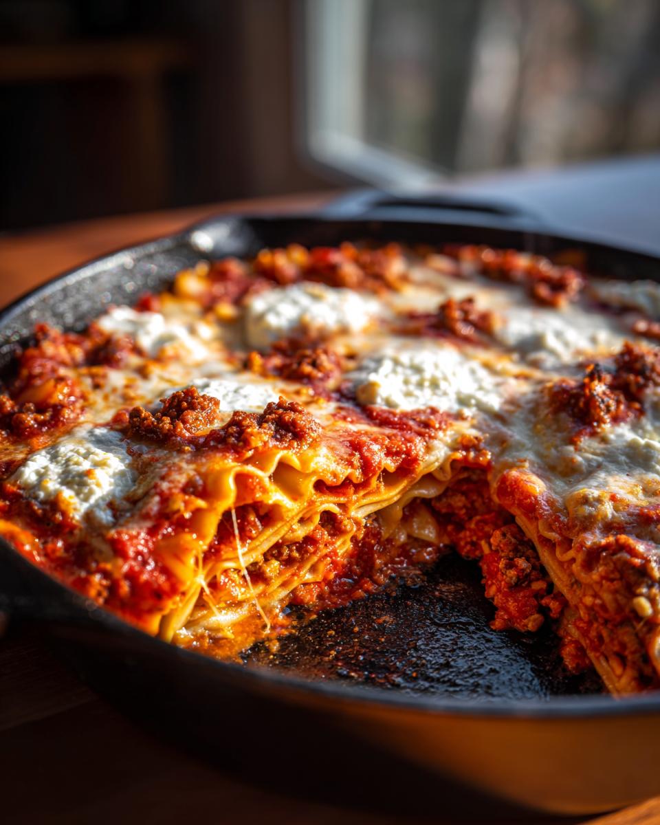 A rich, cheesy slice pulled from a bubbling One Pot Skillet Lasagna cooked in a black cast iron pan.