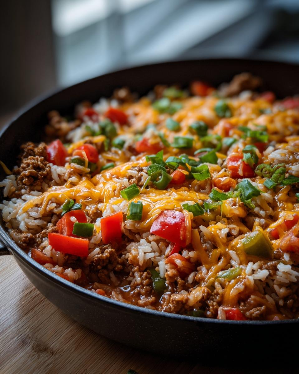 Close-up of a rich One Pot Unstuffed Pepper Skillet topped with melted cheddar cheese and green onions.
