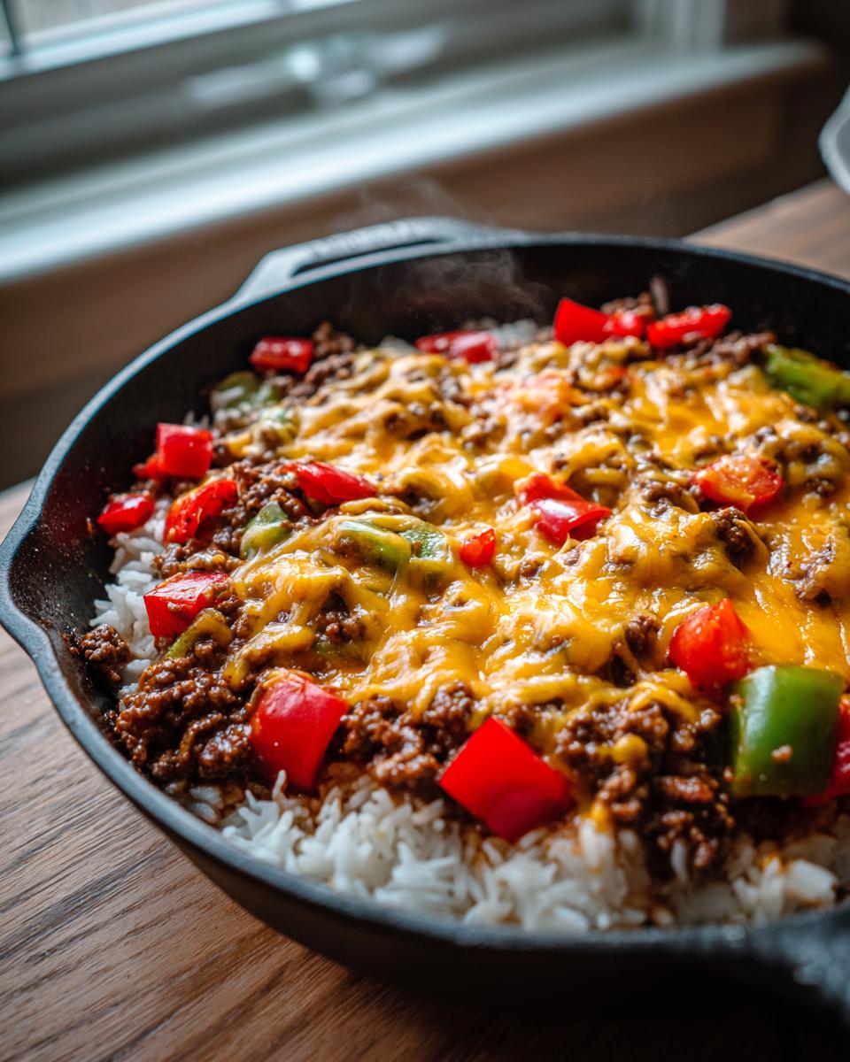 Close-up of a hot 1 Pot Unstuffed Pepper Skillet featuring ground meat, rice, bell peppers, and melted cheddar cheese.