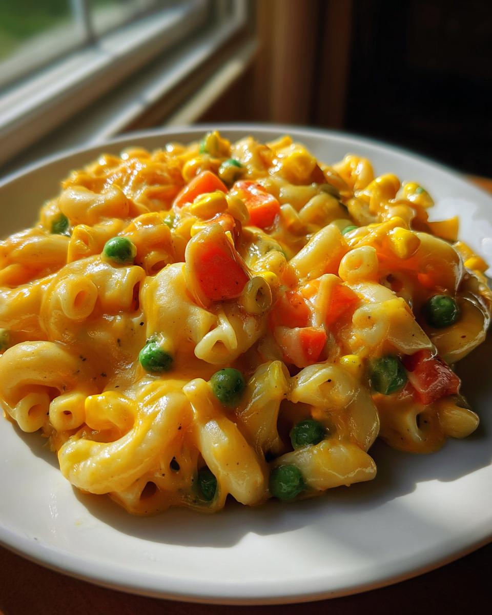 A close-up of creamy One Pot Veggie Mac And Cheese featuring elbow macaroni, peas, carrots, and corn, served on a white plate.
