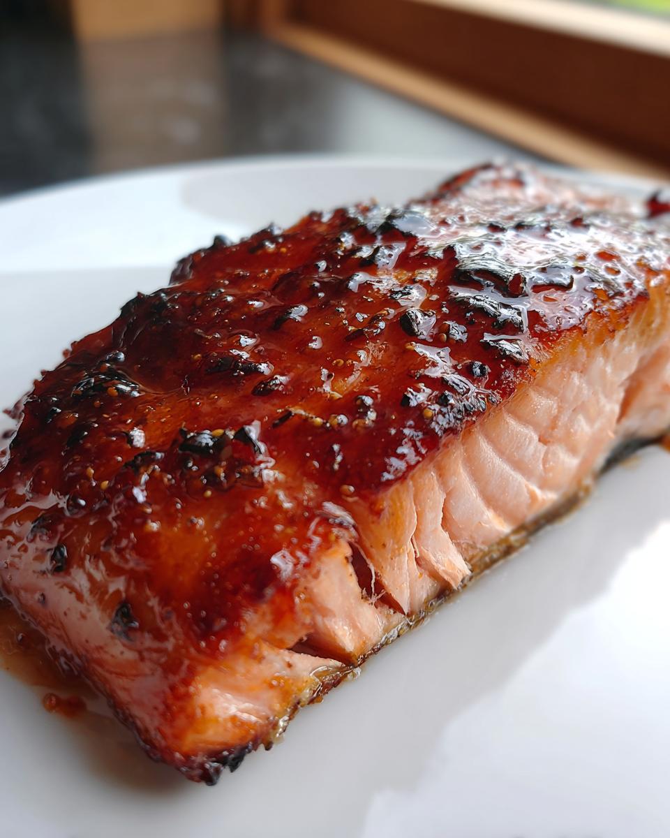 A close-up of a perfectly cooked fillet of Orange Glazed Salmon with a thick, shiny, caramelized glaze.