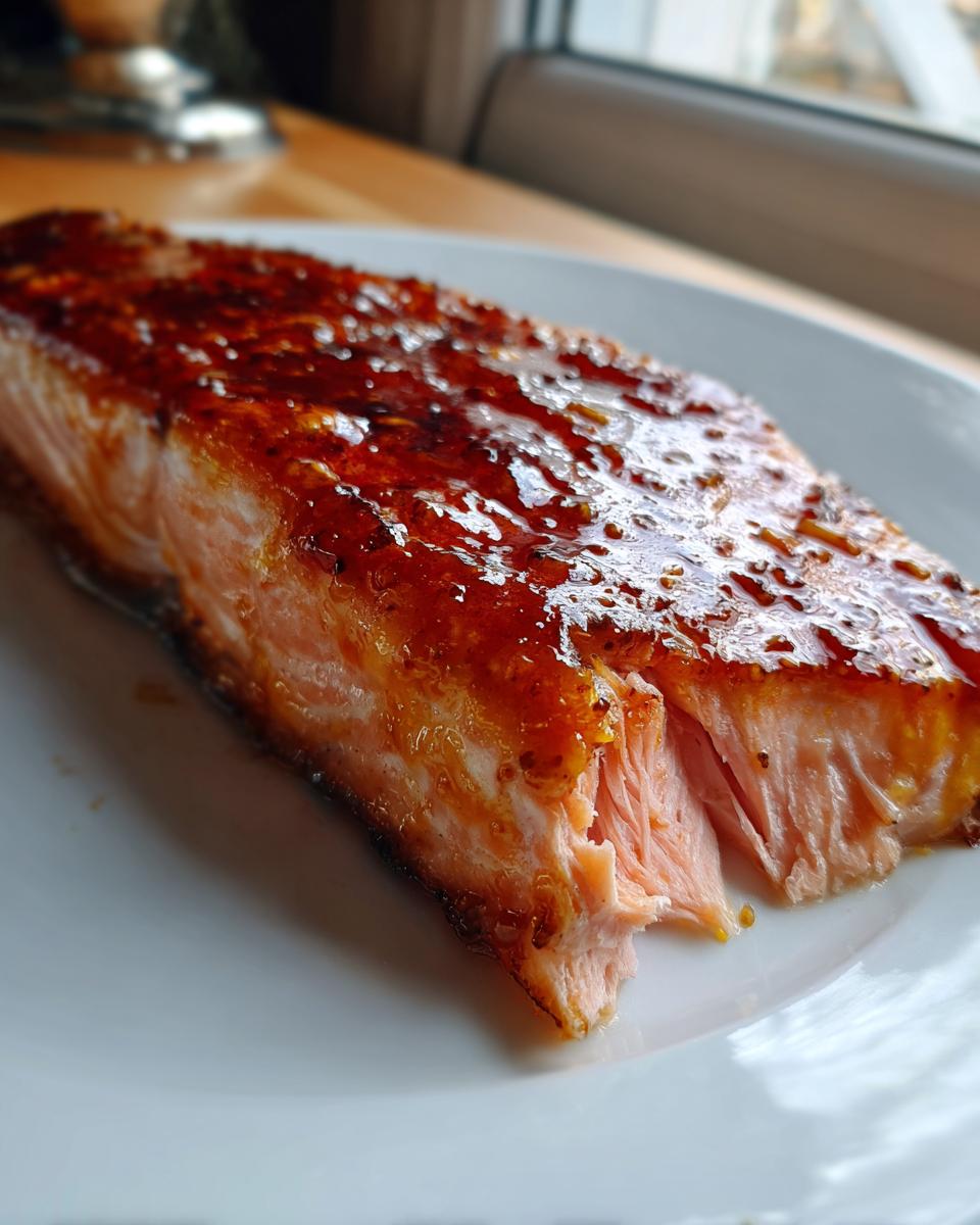Close-up of a perfectly cooked salmon fillet topped with a shiny, rich Orange Glazed Salmon sauce on a white plate.
