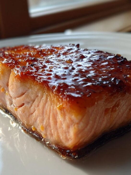 A close-up, beautifully caramelized fillet of Orange Glazed Salmon resting on a white plate.