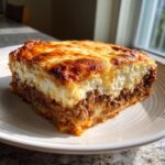 A perfectly cut, thick slice of Outrageously Delicious Greek Moussaka with a browned b&eacute;chamel topping.