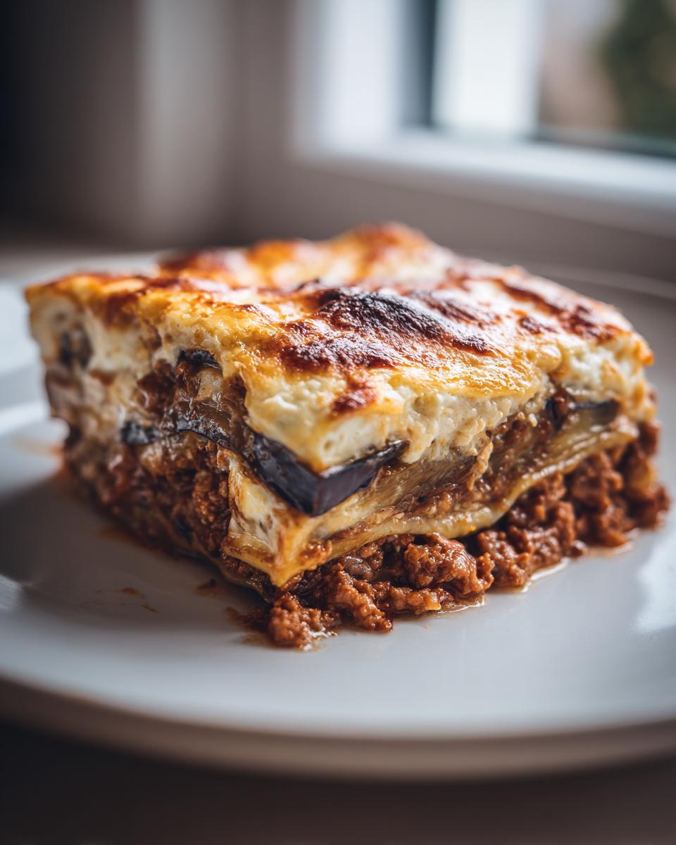A perfectly baked slice of Outrageously Delicious Greek Moussaka showing layers of meat, eggplant, and creamy b&eacute;chamel topping.