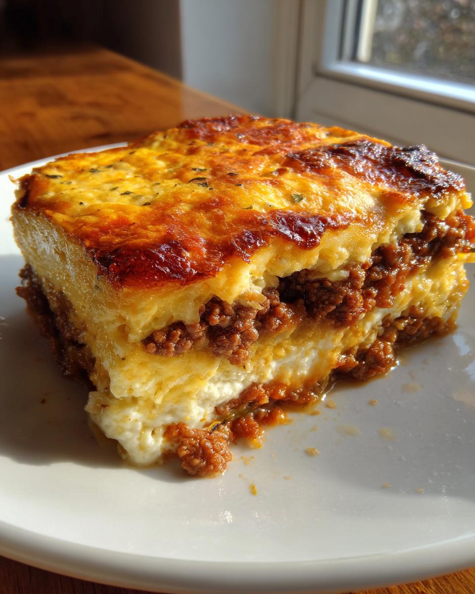 A thick, layered slice of Outrageously Delicious Greek Moussaka with a golden baked top.